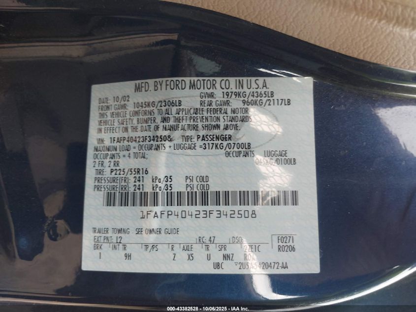 2003 Ford Mustang VIN: 1FAFP40423F342508 Lot: 43382528