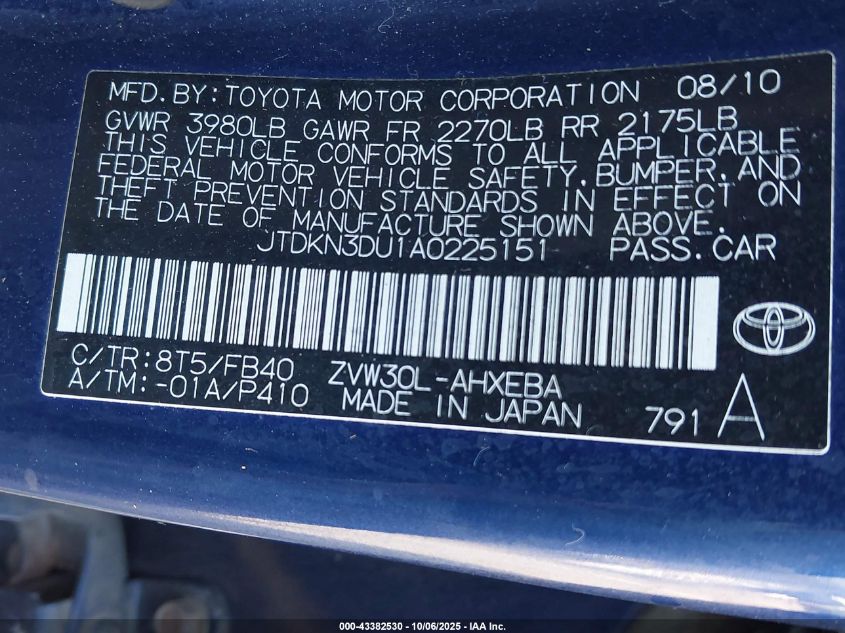 2010 Toyota Prius Iii VIN: JTDKN3DU1A0225151 Lot: 43382530