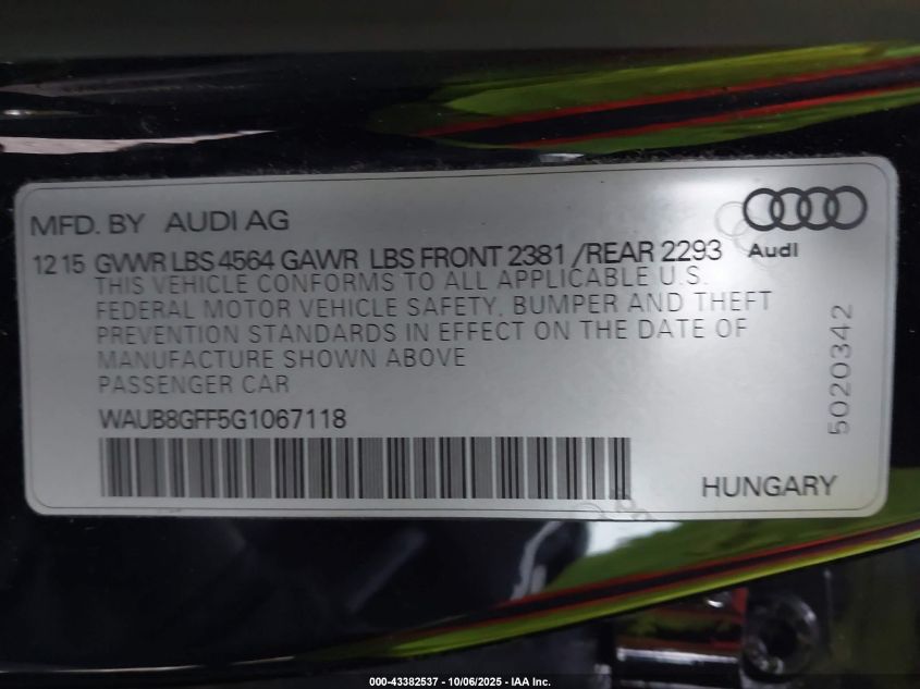 2016 Audi A3 2.0T Premium VIN: WAUB8GFF5G1067118 Lot: 43382537