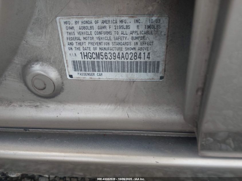 2004 Honda Accord 2.4 Lx VIN: 1HGCM56394A028414 Lot: 43382539