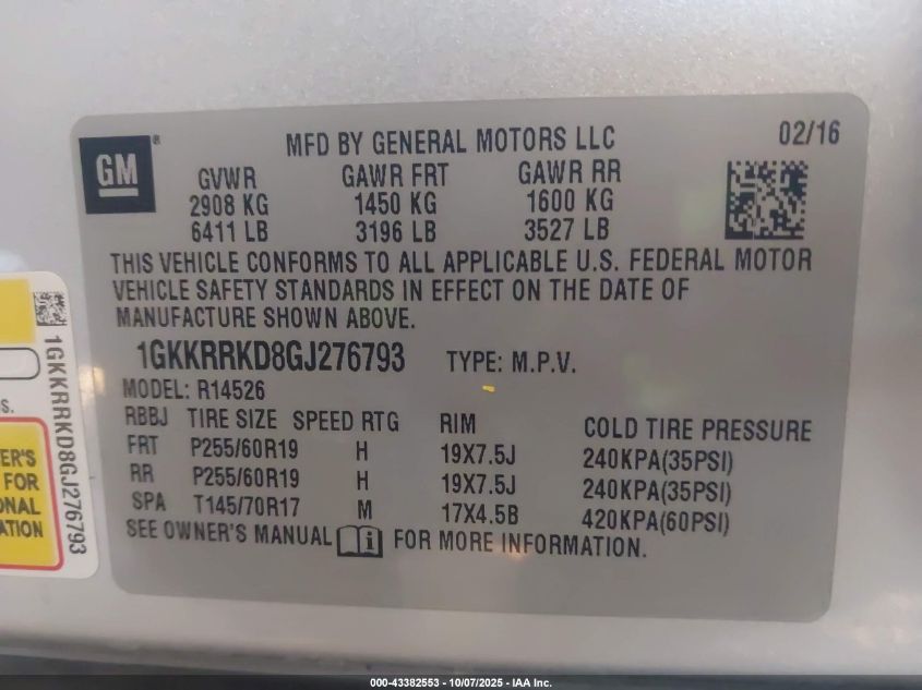 2016 GMC Acadia Slt-1 VIN: 1GKKRRKD8GJ276793 Lot: 43382553