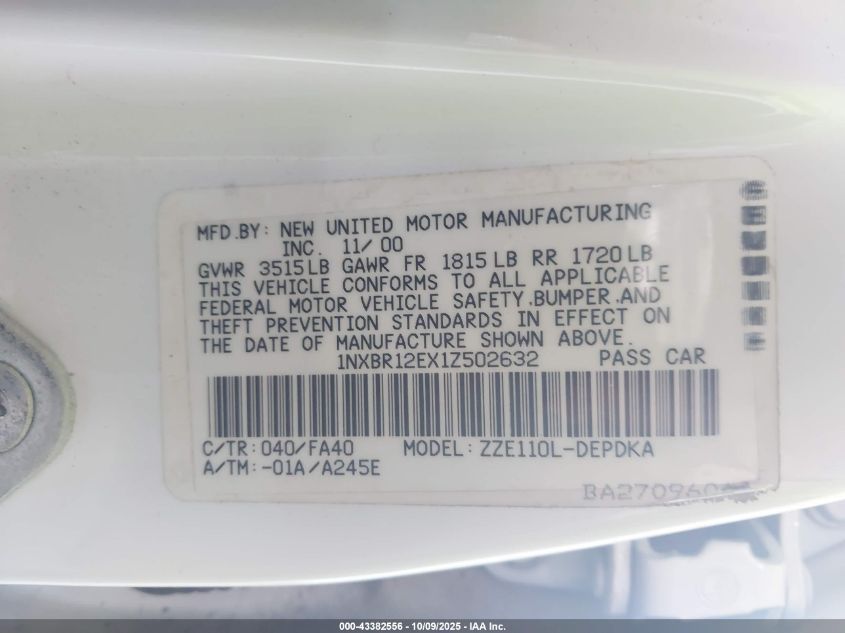 2001 Toyota Corolla Le VIN: 1NXBR12EX1Z502632 Lot: 43382556