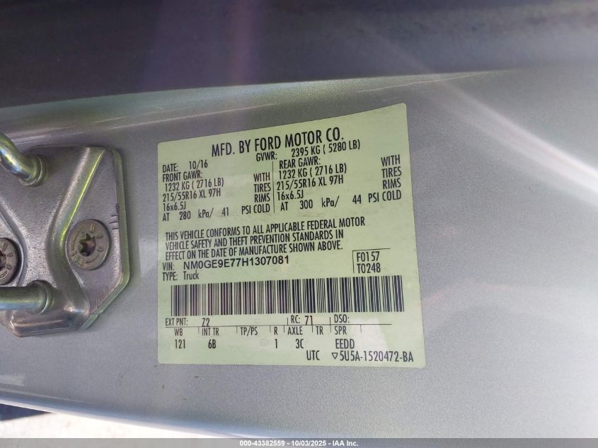 2017 Ford Transit Connect Xl VIN: NM0GE9E77H1307081 Lot: 43382559