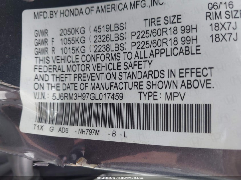 2016 HONDA CR-V TOURING 5J6RM3H97GL017459
