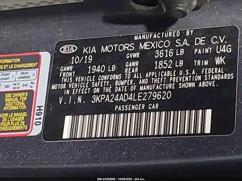 2020 Kia Rio S VIN: 3KPA24AD4LE279620 Lot: 43382569