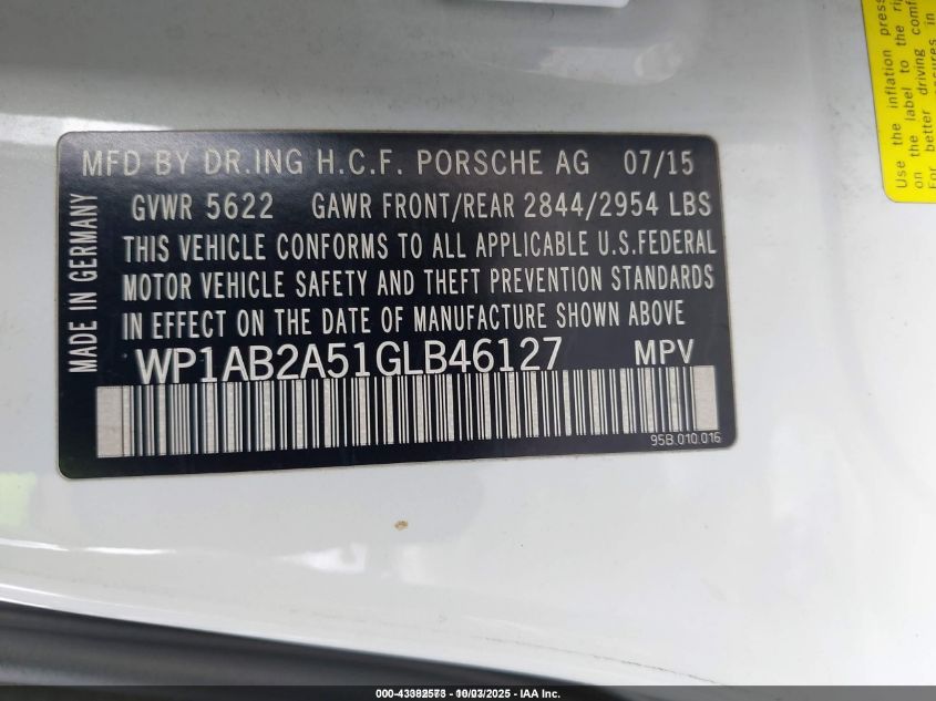 2016 Porsche Macan S VIN: WP1AB2A51GLB46127 Lot: 43382573