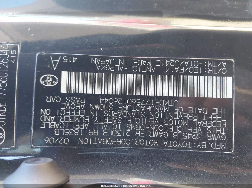 2006 Scion Tc VIN: JTKDE177560126044 Lot: 43382576