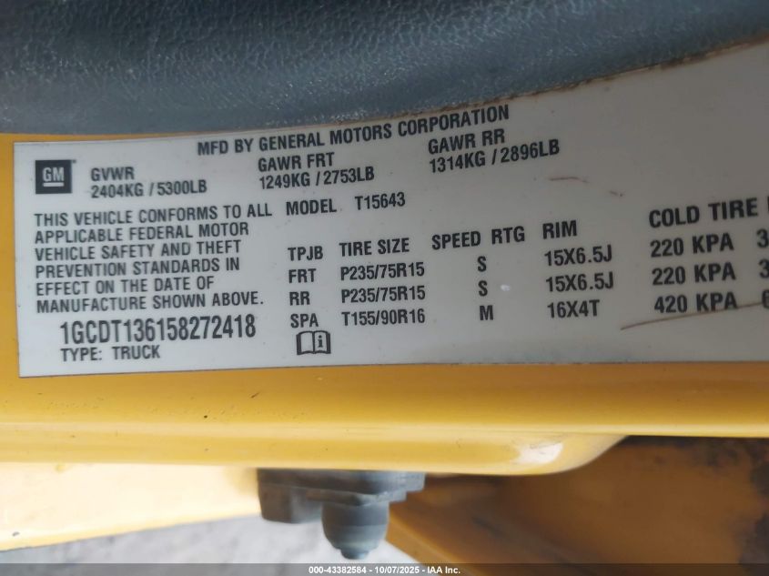 2005 Chevrolet Colorado Ls VIN: 1GCDT136158272418 Lot: 43382584