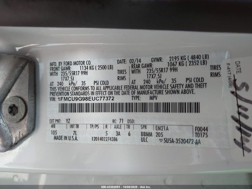 2014 Ford Escape Se VIN: 1FMCU9G98EUC77372 Lot: 43382593