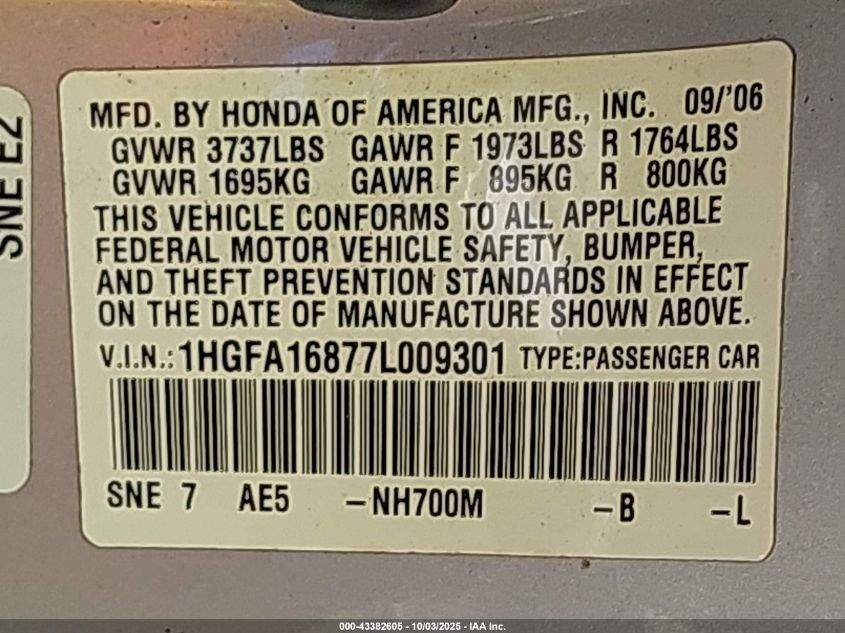 2007 Honda Civic Ex VIN: 1HGFA16877L009301 Lot: 43382605