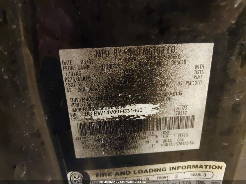 2009 Ford F-150 Fx4/King Ranch/Lariat/Platinum/Xl/Xlt VIN: 1FTPW14V09FB31660 Lot: 43382612