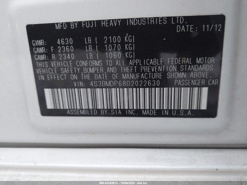 2013 Subaru Legacy 3.6R Limited VIN: 4S3BMDP68D2022630 Lot: 43382613