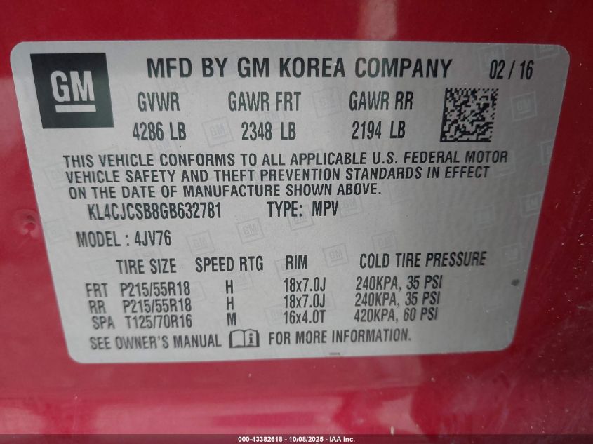 2016 Buick Encore Leather VIN: KL4CJCSB8GB632781 Lot: 43382618