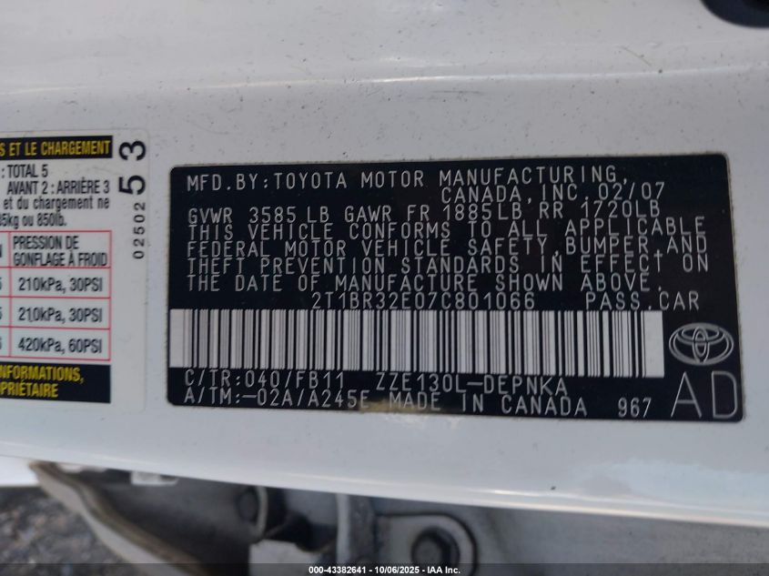 2007 Toyota Corolla Le VIN: 2T1BR32E07C801066 Lot: 43382641