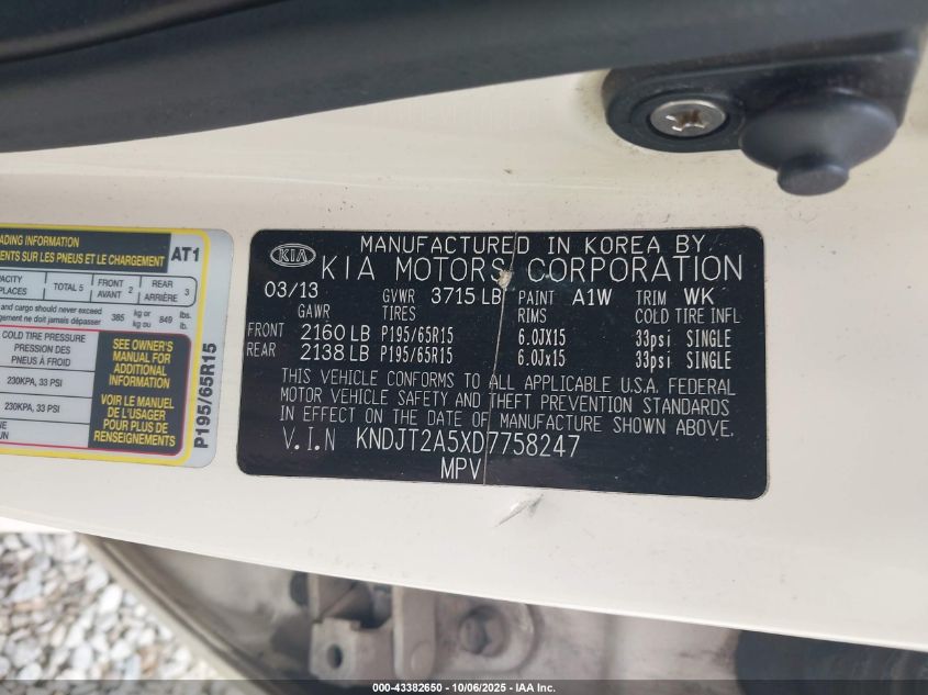 2013 Kia Soul VIN: KNDJT2A5XD7758247 Lot: 43382650