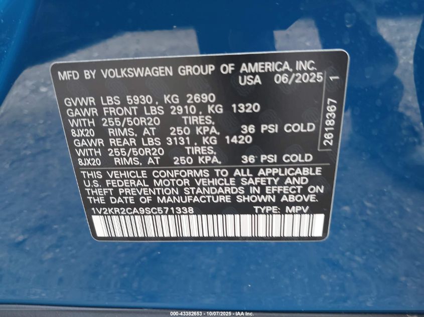 2025 Volkswagen Atlas 2.0T Se W/Technology VIN: 1V2KR2CA9SC571338 Lot: 43382653