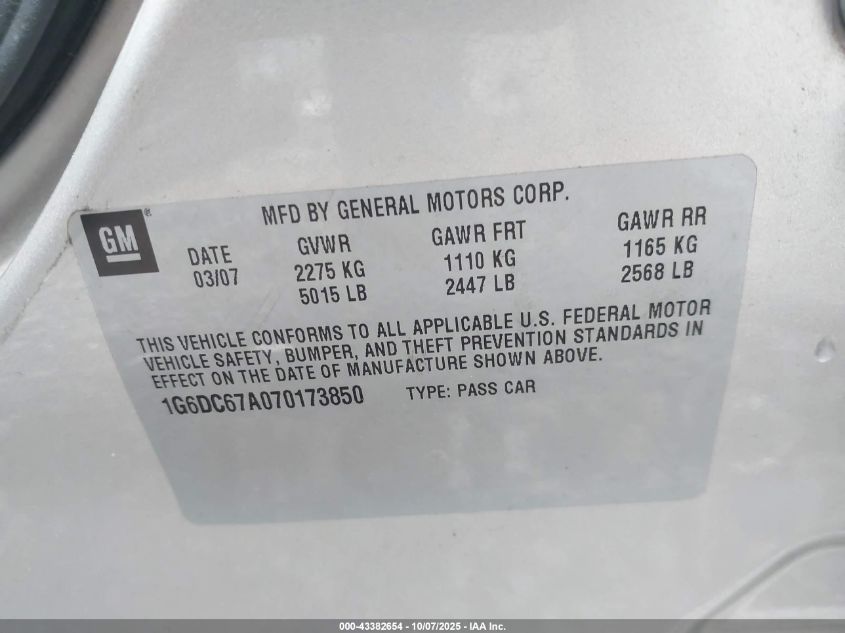 2007 Cadillac Sts V8 VIN: 1G6DC67A070173850 Lot: 43382654