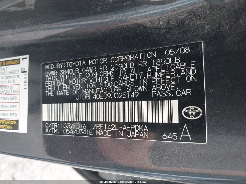 2009 Toyota Corolla Le VIN: JTDBL40E09J025149 Lot: 43382668