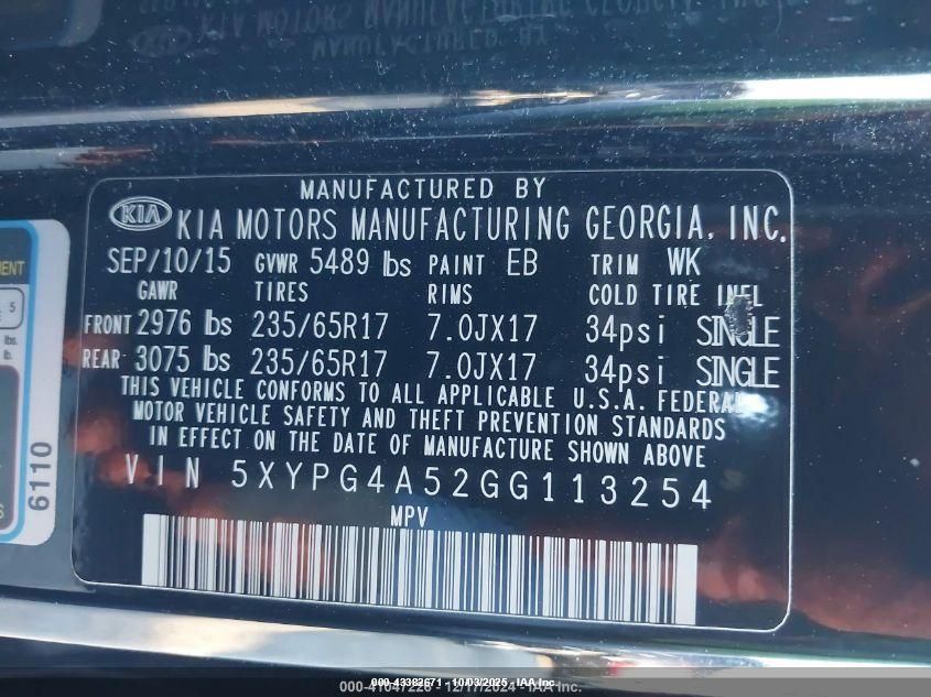 2016 Kia Sorento 3.3L Lx VIN: 5XYPG4A52GG113254 Lot: 43382671