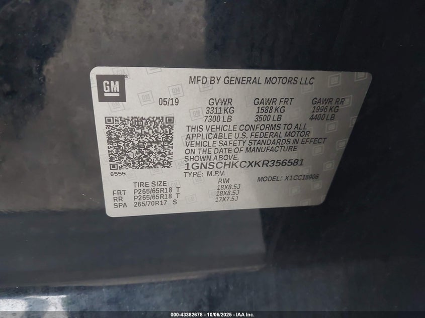 2019 CHEVROLET SUBURBAN LT 1GNSCHKCXKR356581