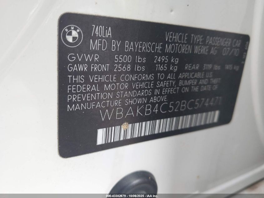 2011 BMW 740Li VIN: WBAKB4C52BC574471 Lot: 43382679