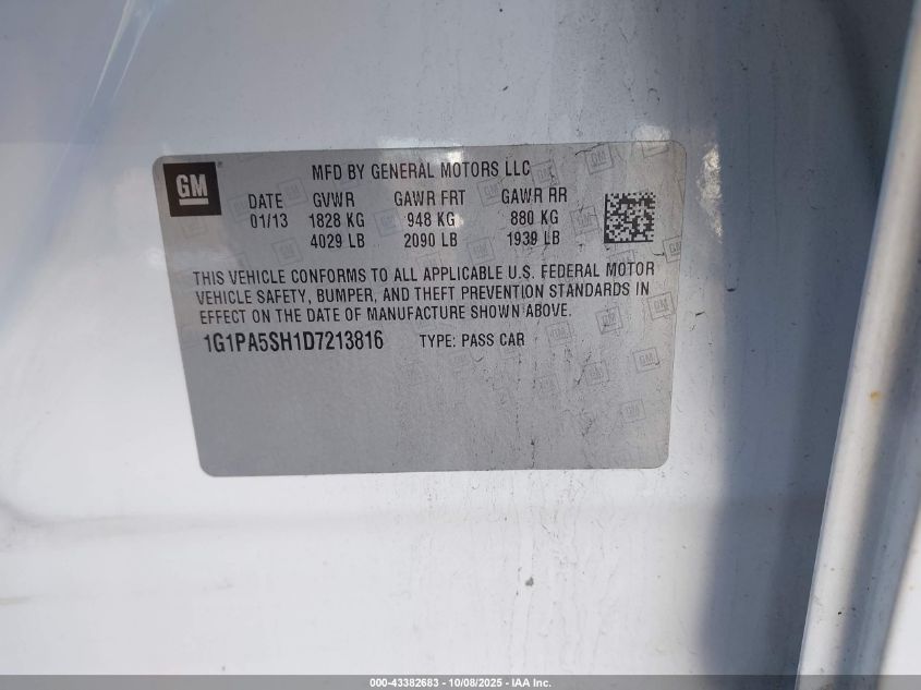 2013 Chevrolet Cruze Ls Auto VIN: 1G1PA5SH1D7213816 Lot: 43382683