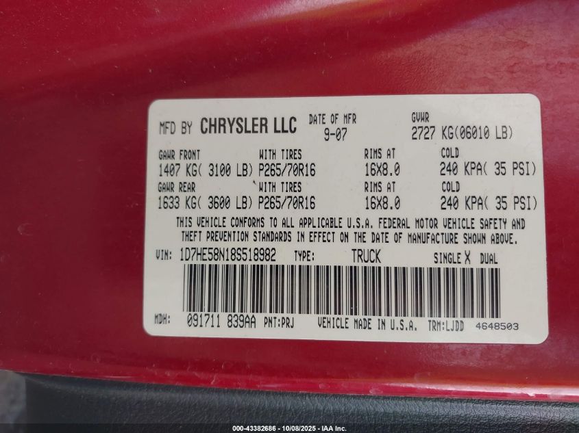 2008 Dodge Dakota Laramie VIN: 1D7HE58N18S518982 Lot: 43382686