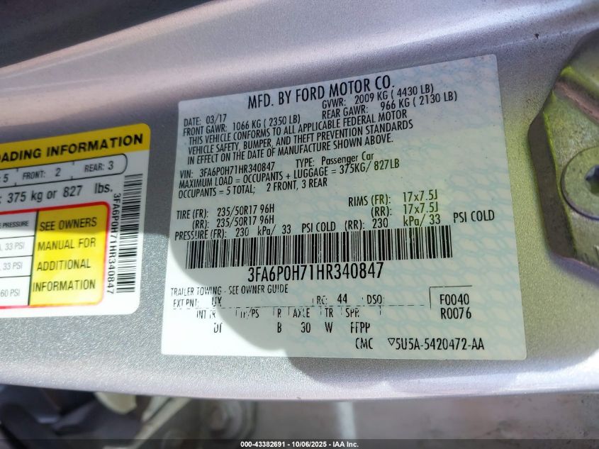 2017 Ford Fusion Se VIN: 3FA6P0H71HR340847 Lot: 43382691