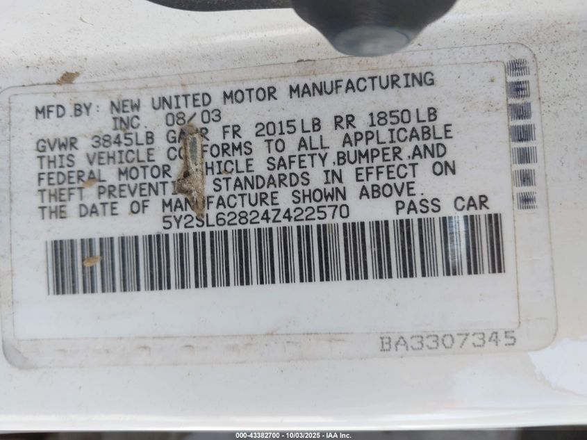 2004 Pontiac Vibe VIN: 5Y2SL62824Z422570 Lot: 43382700