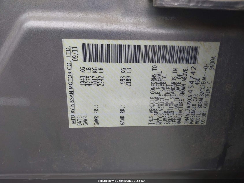 2012 Nissan Altima 2.5 S VIN: 1N4AL2APXCN454742 Lot: 43382717