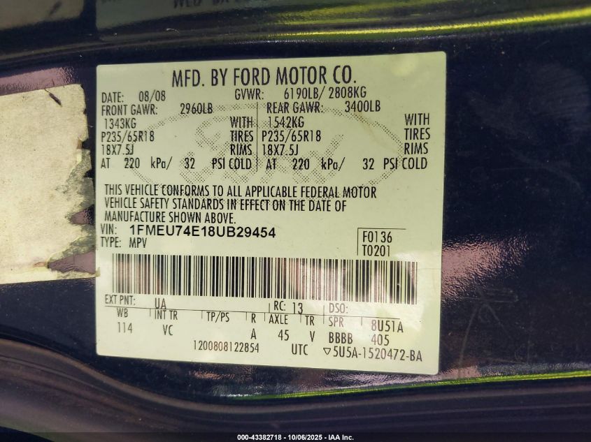 2008 Ford Explorer Eddie Bauer VIN: 1FMEU74E18UB29454 Lot: 43382718