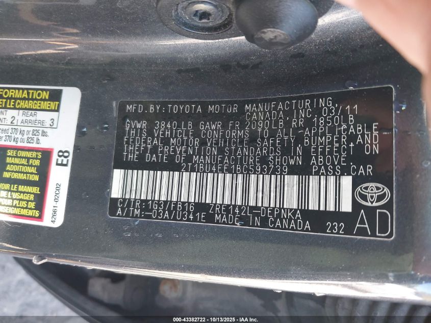 2011 Toyota Corolla Le VIN: 2T1BU4EE1BC593739 Lot: 43382722