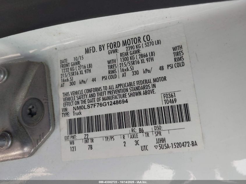 2016 Ford Transit Connect Xlt VIN: NM0LS7F76G1248694 Lot: 43382723