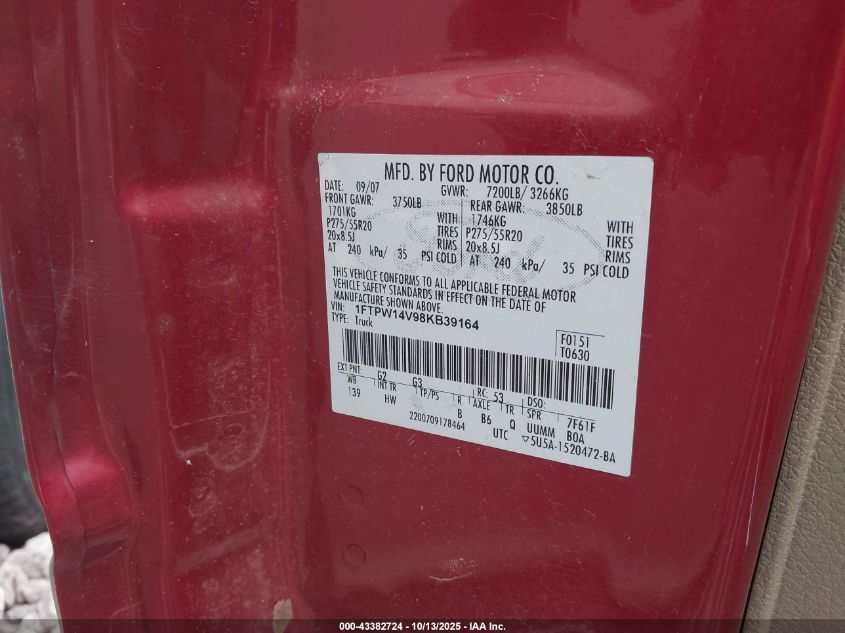 2008 Ford F-150 60Th Anniversary/Fx4/King Ranch/Lariat/Xlt VIN: 1FTPW14V98KB39164 Lot: 43382724