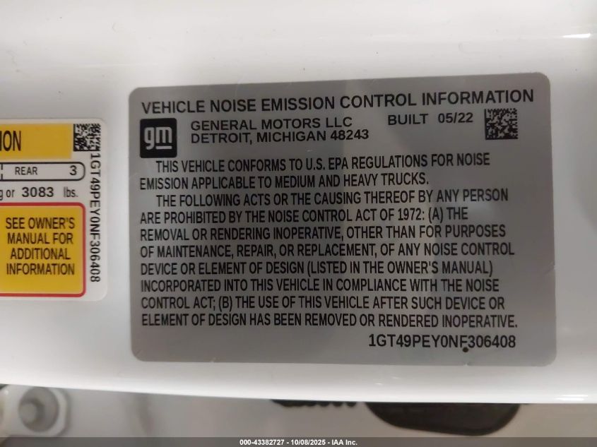 2022 GMC Sierra 2500Hd 4Wd Standard Bed At4 VIN: 1GT49PEY0NF306408 Lot: 43382727