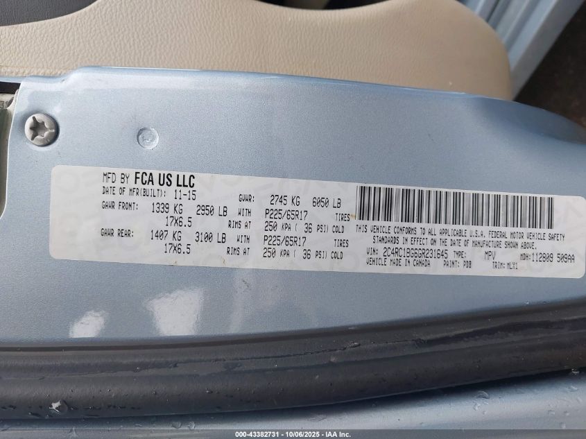 2016 Chrysler Town & Country Touring VIN: 2C4RC1BG6GR231645 Lot: 43382731