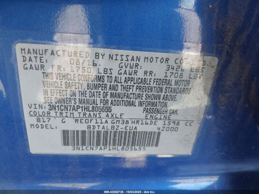 2017 Nissan Versa 1.6 Sv VIN: 3N1CN7AP1HL805655 Lot: 43382738