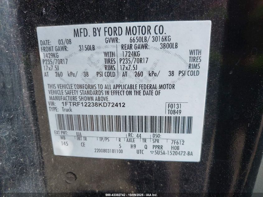 2008 Ford F-150 Stx/Xl/Xlt VIN: 1FTRF12238KD72412 Lot: 43382742