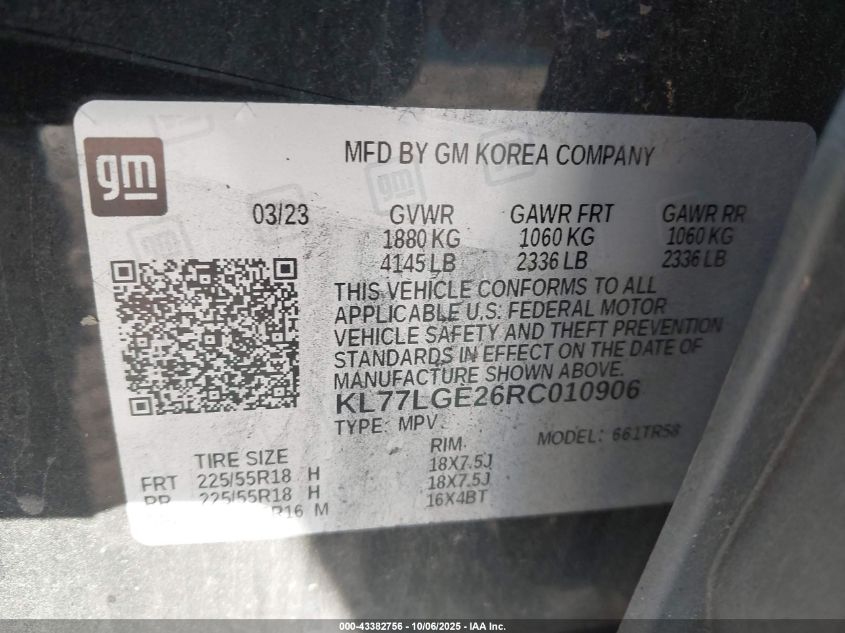 2024 Chevrolet Trax Fwd 1Rs VIN: KL77LGE26RC010906 Lot: 43382756