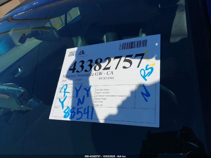 2005 Ford Mustang VIN: 1ZVFT84N355196478 Lot: 43382757