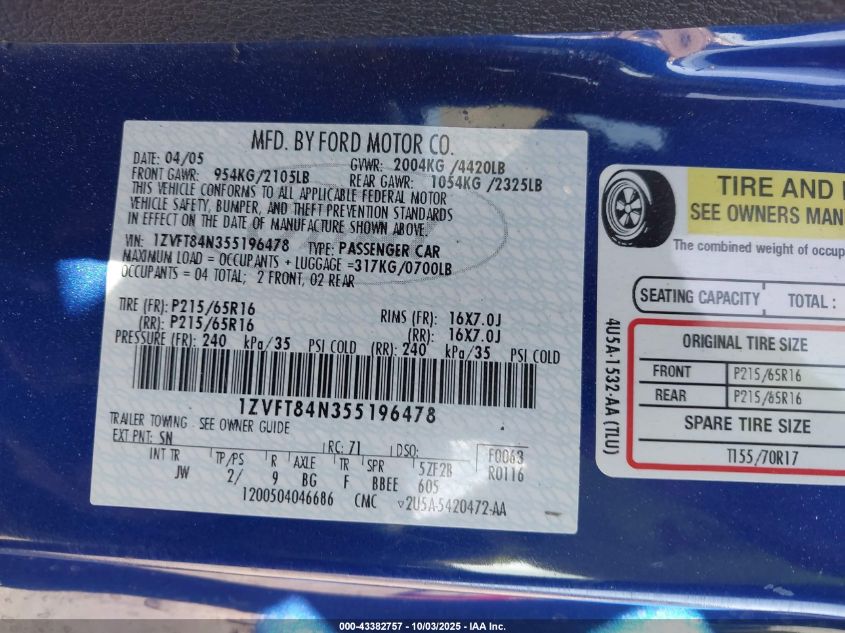 2005 Ford Mustang VIN: 1ZVFT84N355196478 Lot: 43382757