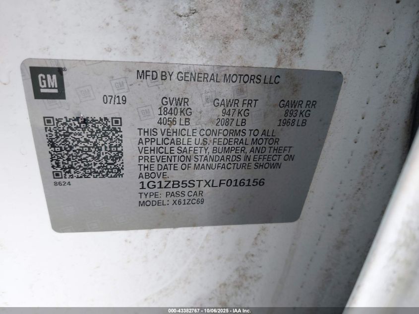 2020 Chevrolet Malibu Fwd Ls VIN: 1G1ZB5STXLF016156 Lot: 43382767