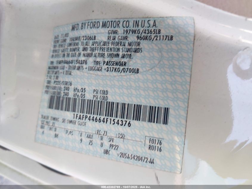 2004 Ford Mustang VIN: 1FAFP44664F154376 Lot: 43382769