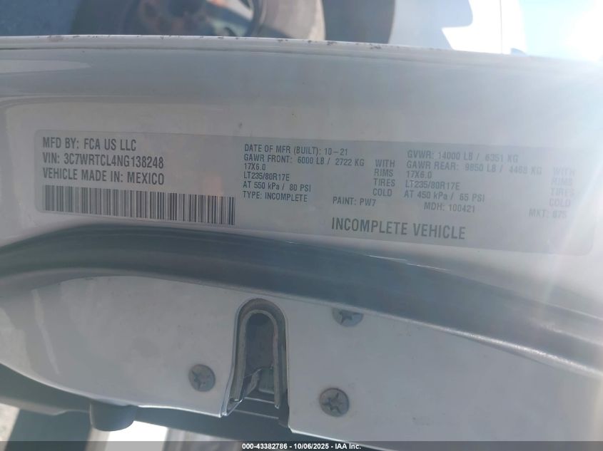 2022 Ram 3500 Chassis Tradesman/Slt/Laramie/Limited VIN: 3C7WRTCL4NG138248 Lot: 43382786