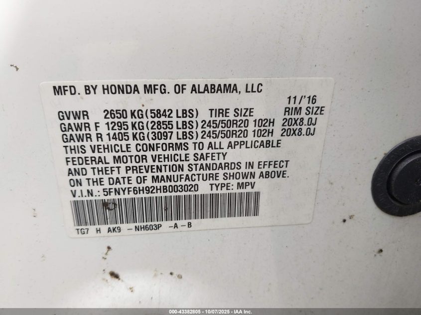 2017 Honda Pilot Touring VIN: 5FNYF6H92HB003020 Lot: 43382805