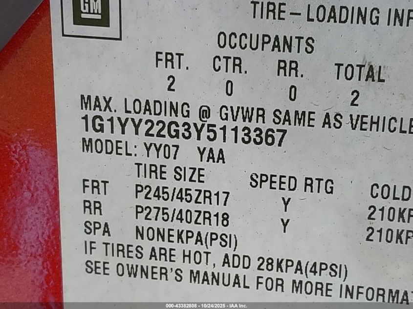 2000 Chevrolet Corvette VIN: 1G1YY22G3Y5113367 Lot: 43382808