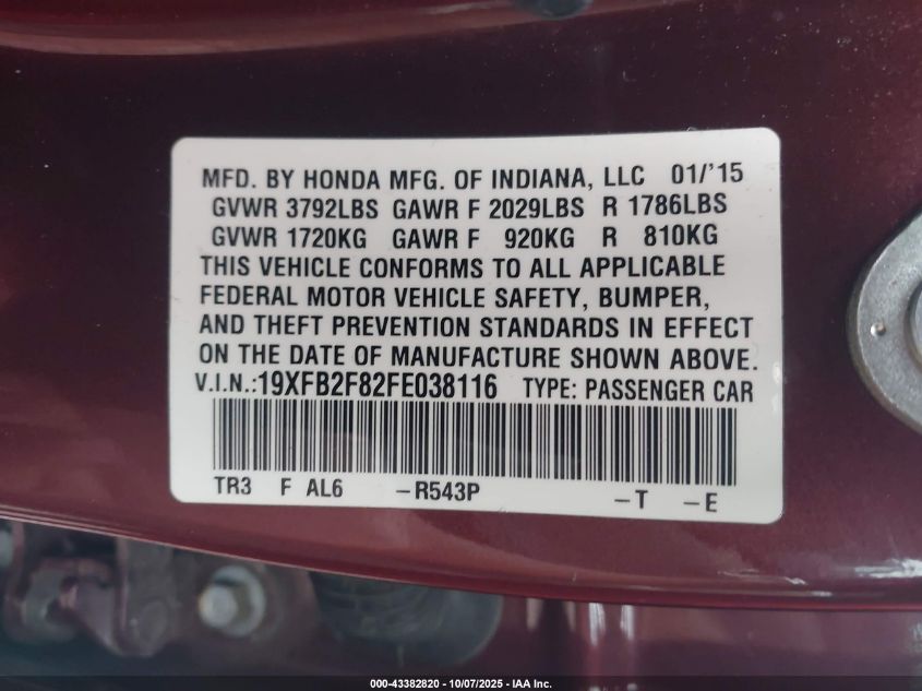 2015 Honda Civic Ex VIN: 19XFB2F82FE038116 Lot: 43382820