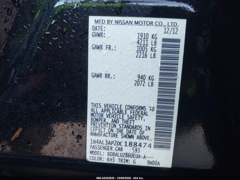 2013 Nissan Altima 2.5 Sv VIN: 1N4AL3AP2DC188474 Lot: 43382825