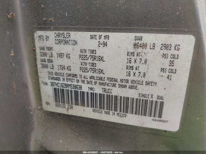 1994 Dodge Ram 1500 VIN: 3B7HC16Z8RM538638 Lot: 43382827