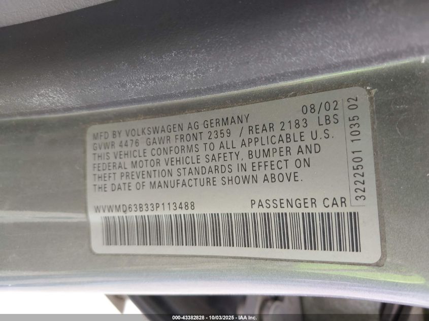 2003 Volkswagen Passat Gl VIN: WVWMD63B33P113488 Lot: 43382828